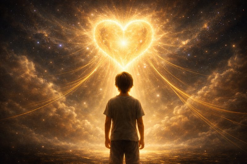A child gazing at a radiant heart of light in a starlit sky