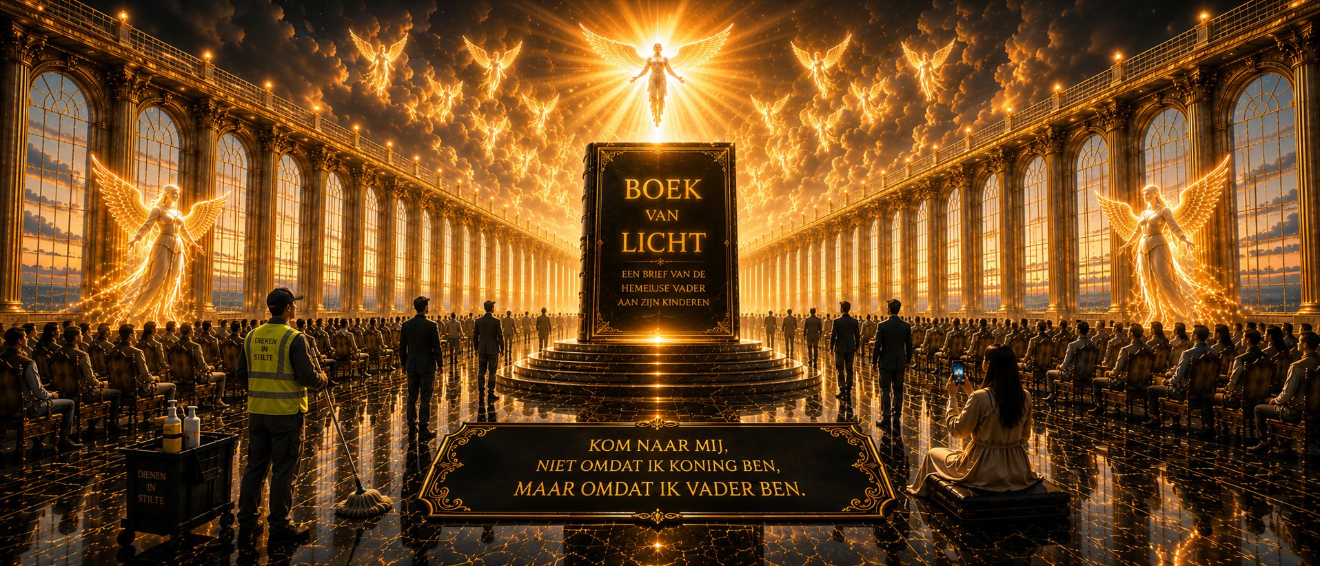 Boek van Licht — een brief van de Hemelse Vader aan zijn kinderen, engelen boven een gouden zaal