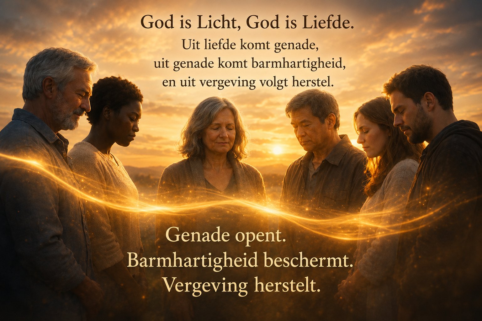 Een kring van mensen in gebed, badend in licht