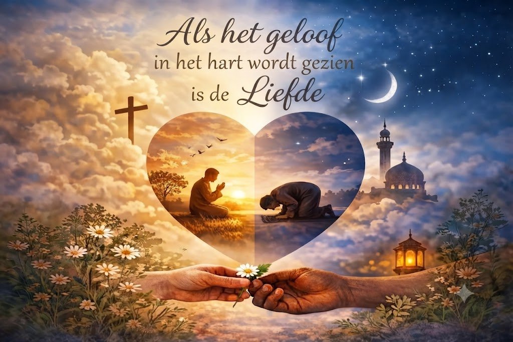A heart-shaped window holding two scenes of prayer at dawn and dusk, with two hands passing a single flower below