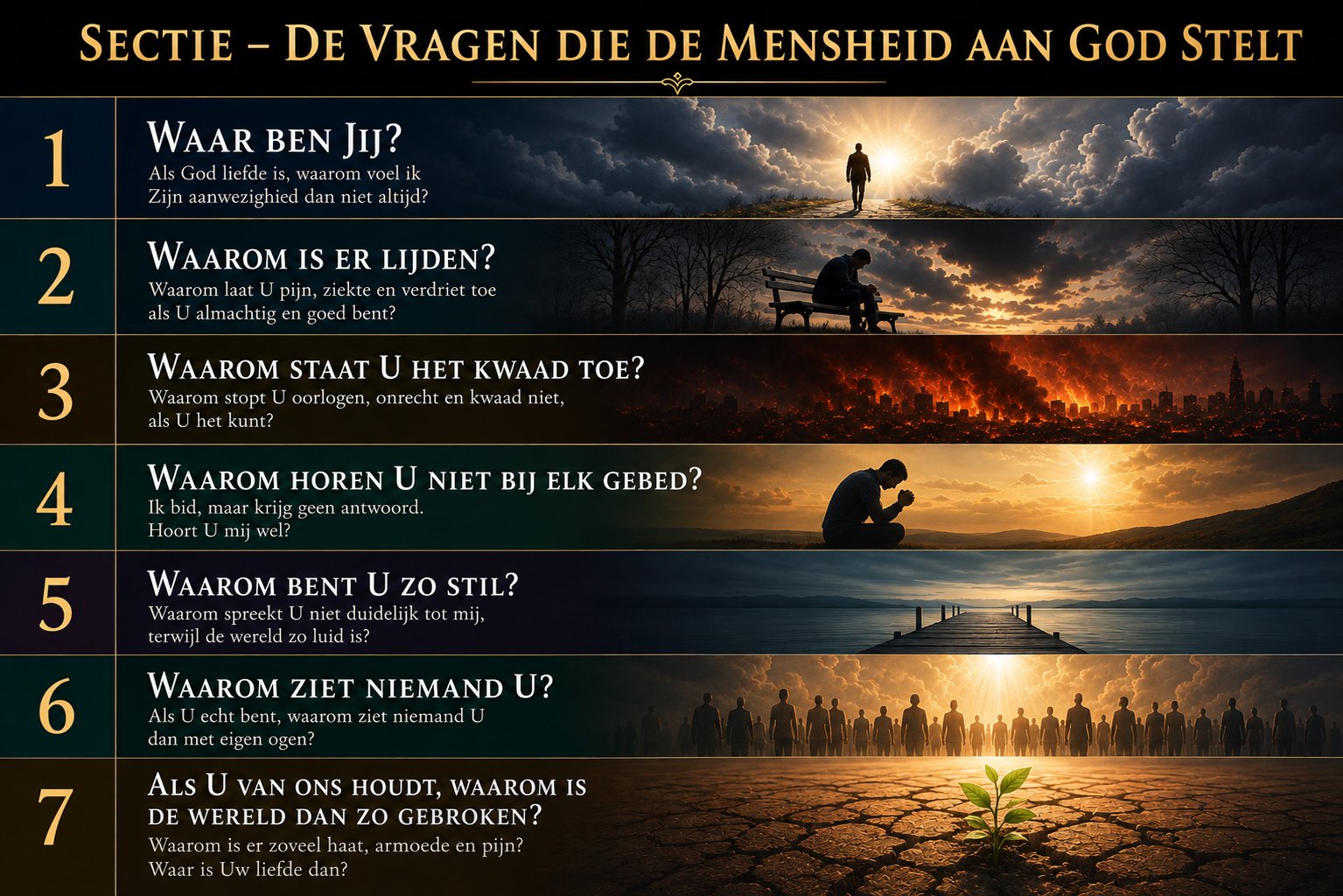 Section overview: The Questions Humanity Asks God — seven questions listed 1 through 7