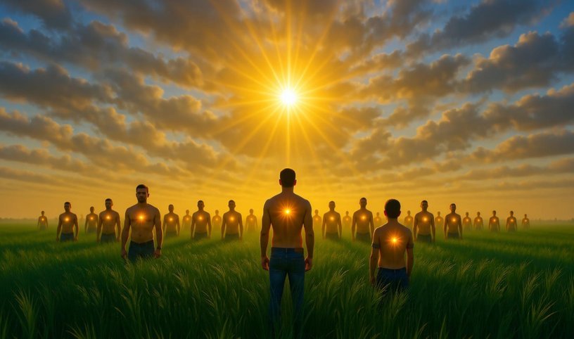 A green field at sunrise where many people stand, each with a glowing light in their chest, facing a radiant sun