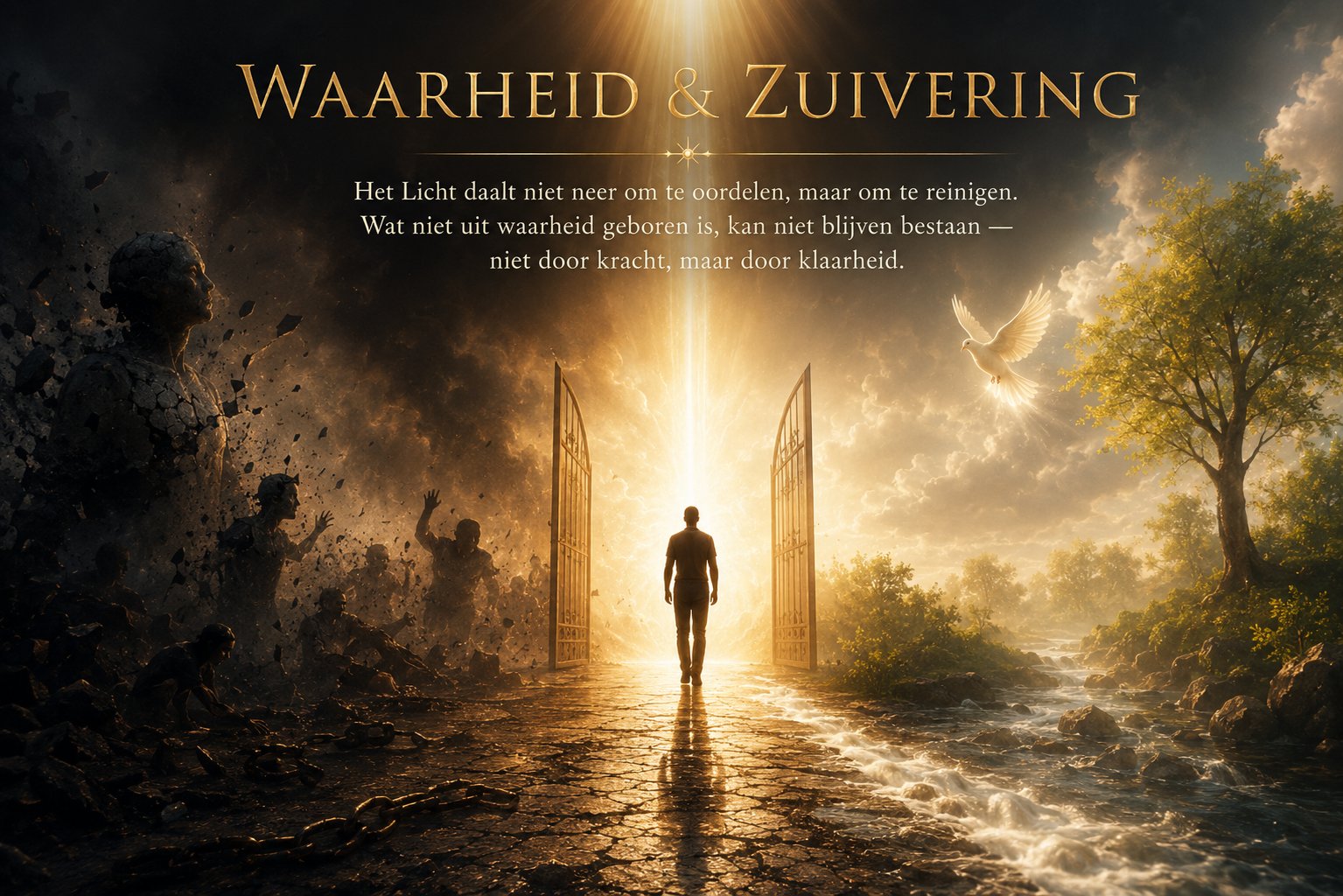 Een figuur die oprijst in een lichtstraal boven de wolken &mdash; Zuivering