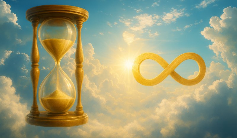 An hourglass and a golden infinity symbol against a radiant sky &mdash; time and eternity