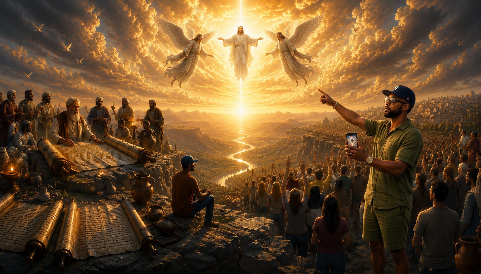 A modern messenger in a cap points to the sky as a radiant Christ figure and angels appear above ancient scrolls, mountains and a gathered crowd