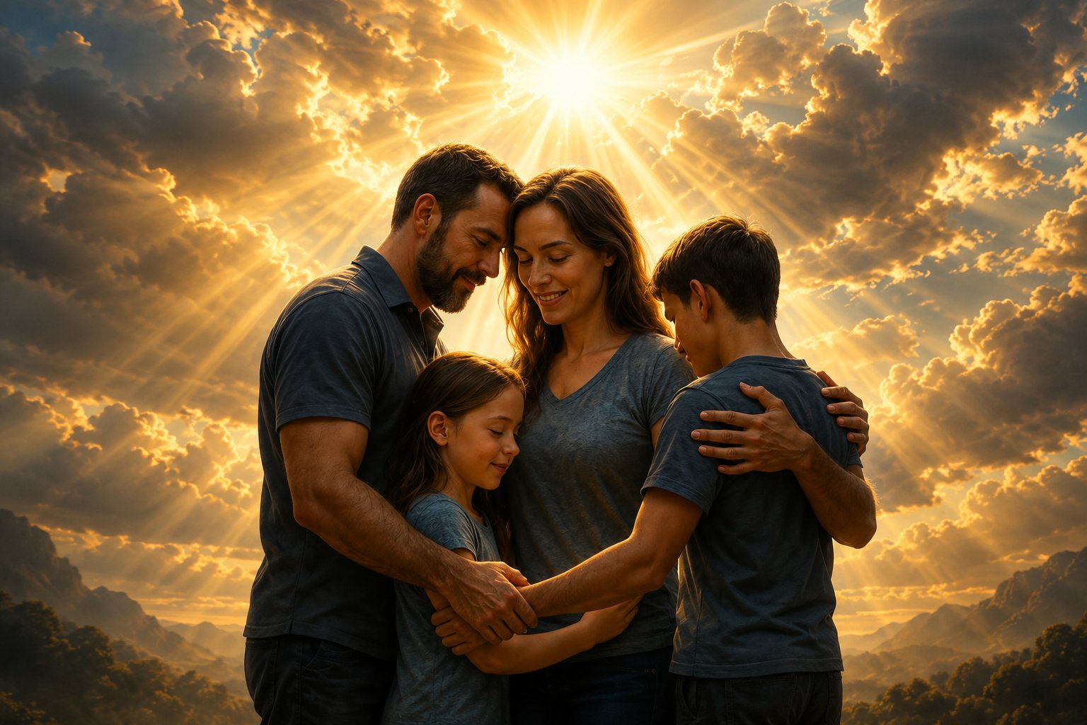 A family embraced in light, praying together