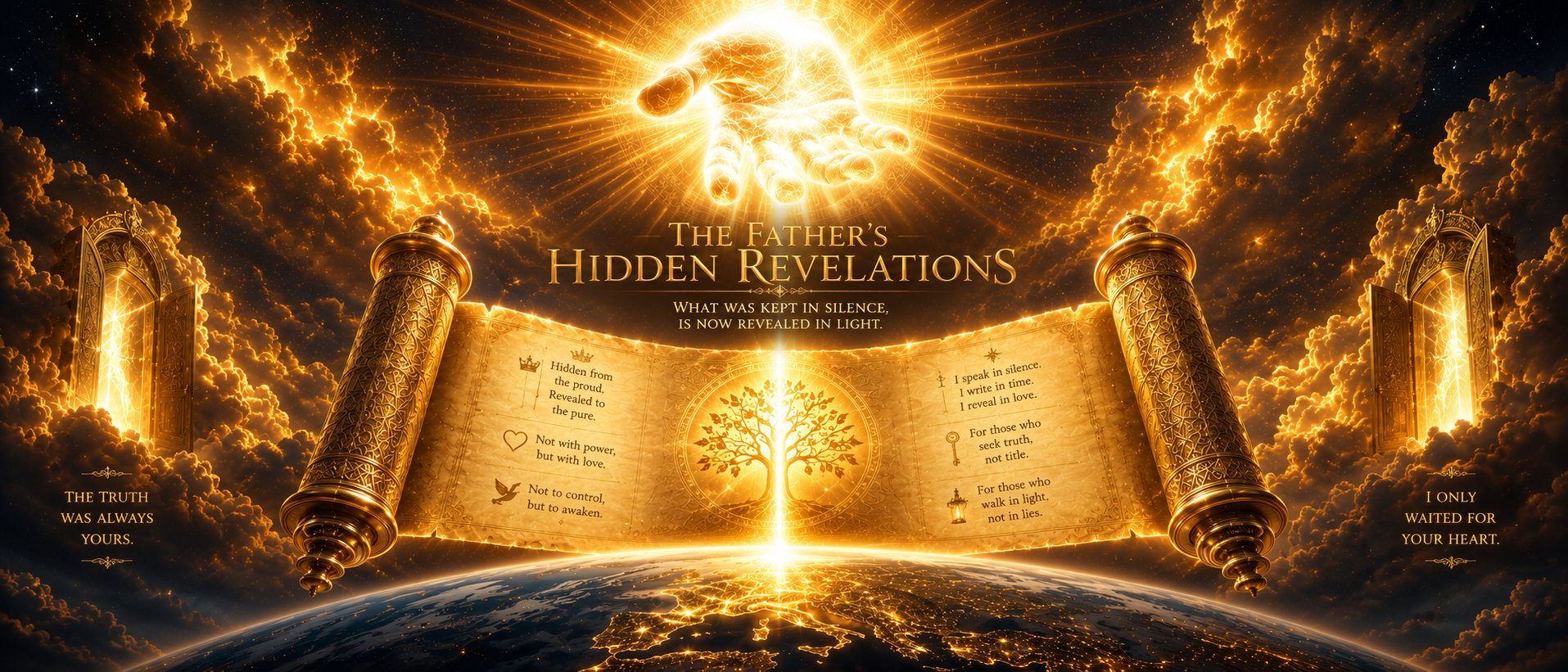 The Father's Hidden Revelations — a golden hand of light above an open scroll over the Earth