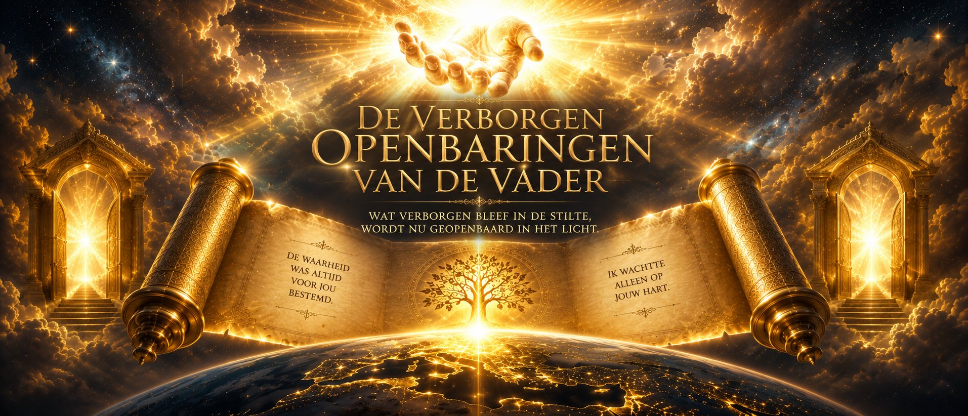 De Verborgen Openbaringen van de Vader — een gouden hand van licht boven een open boekrol boven de aarde
