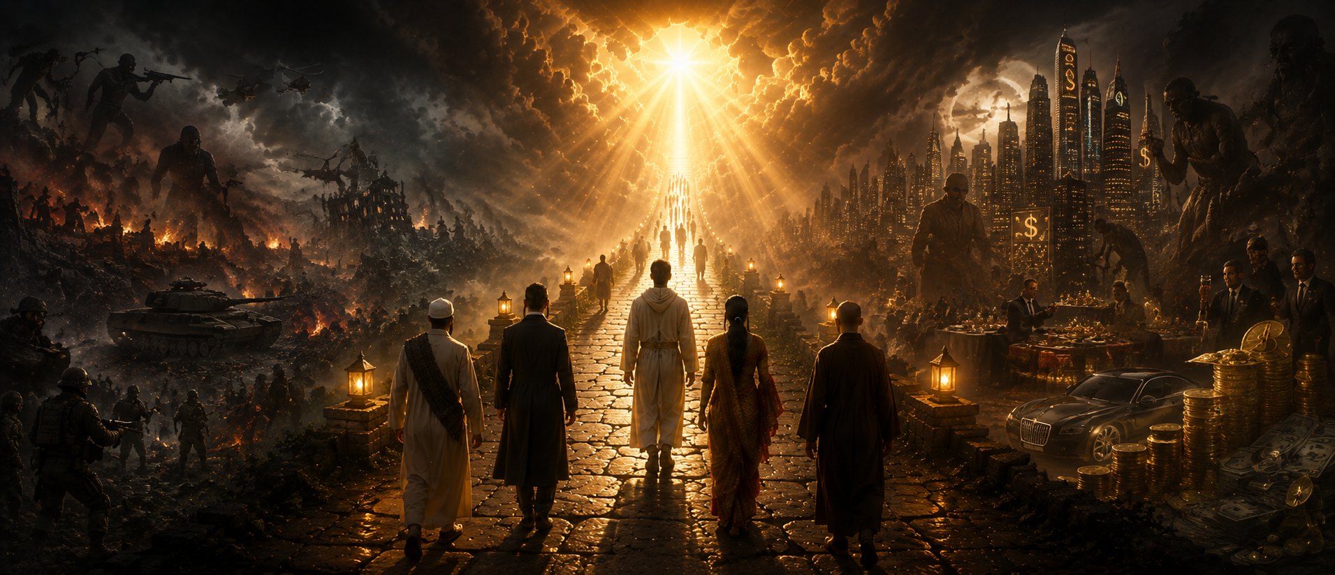 People from different cultures walking a lit path toward a radiant light, with war and darkness on one side and wealth and city lights on the other