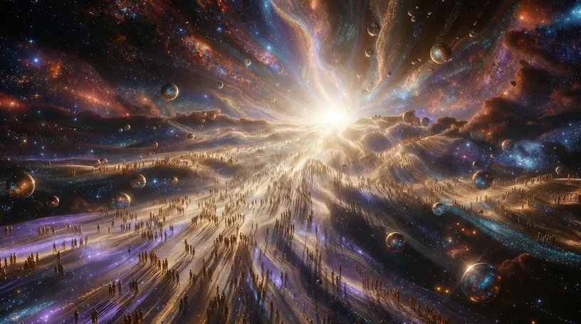 Souls moving through a vast field of cosmic light