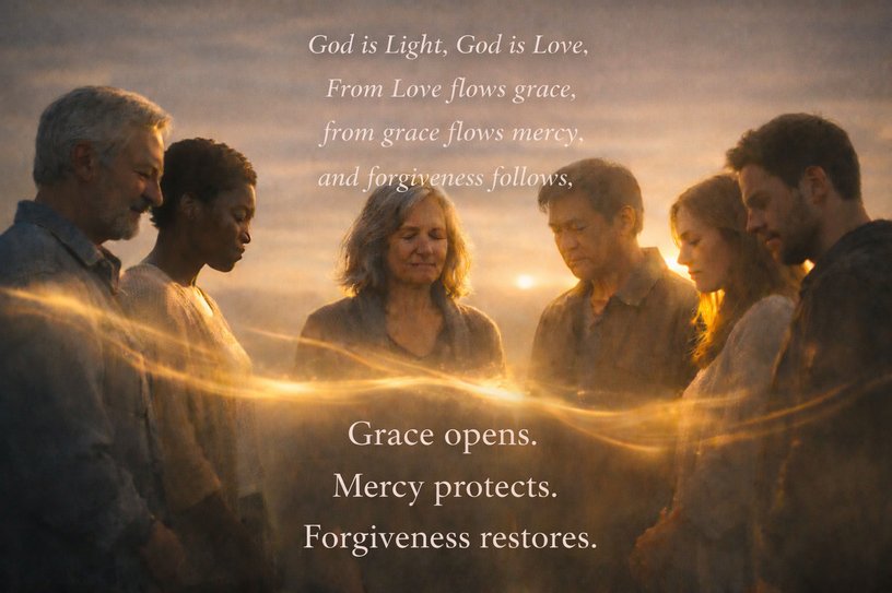 A circle of people in prayer bathed in light