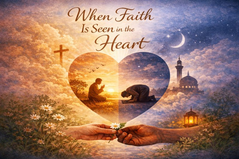 A heart-shaped window holding two scenes of prayer at dawn and dusk, with two hands passing a single flower below
