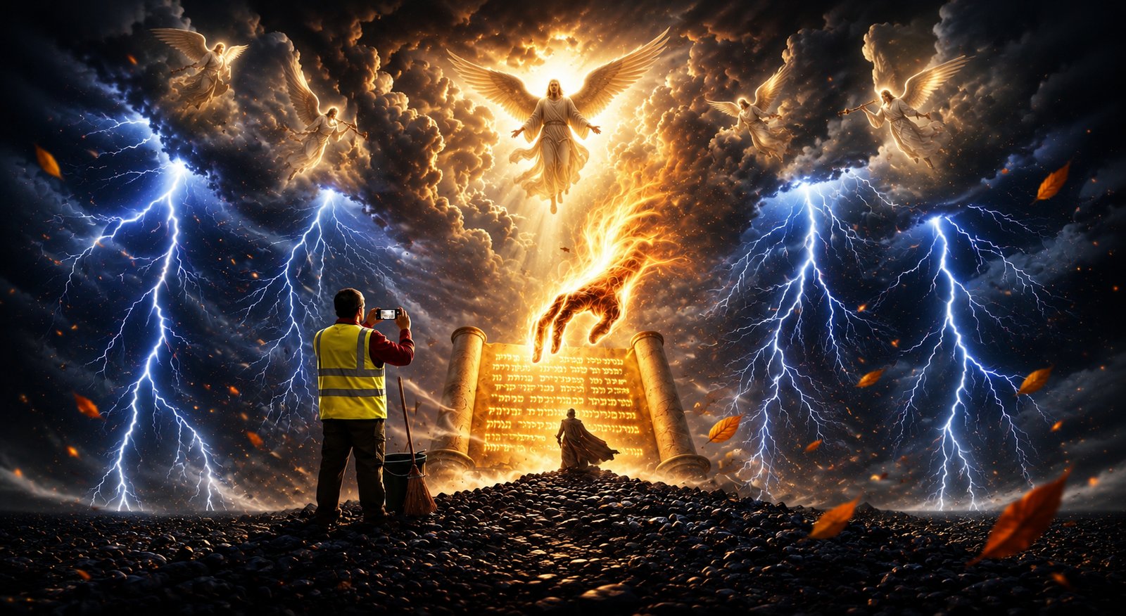 A worker in a high-visibility vest photographs a glowing scroll of ancient text rising between pillars, a fiery hand and radiant figure above amid angels and lightning