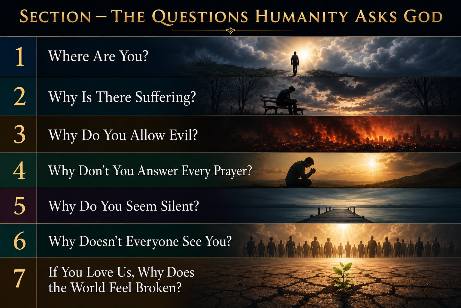 Section overview: The Questions Humanity Asks God — seven questions listed 1 through 7
