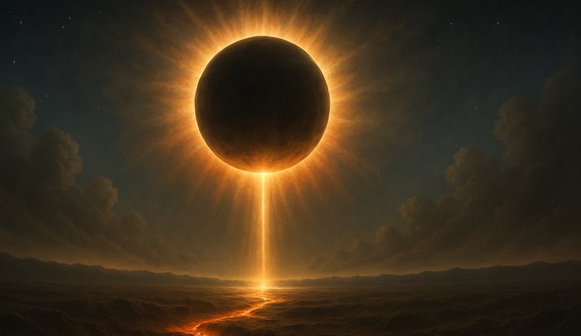 A total eclipse with a corona of fire, a beam of light descending to a glowing crack in the dark earth below