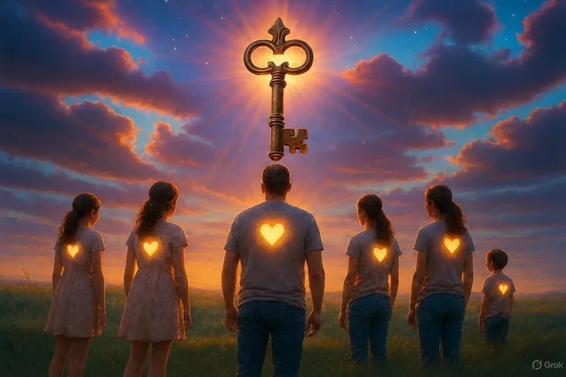 A family seen from behind, each with a glowing heart, gazing up at a great radiant key in a sunset sky