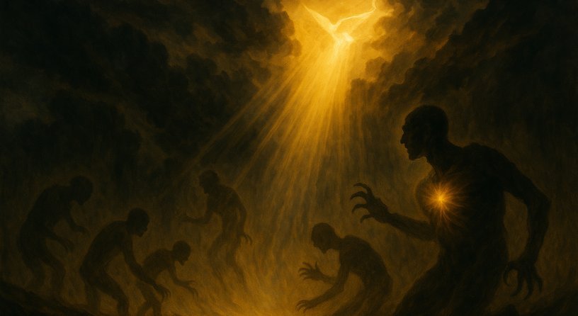 Des silhouettes accroupies dans l'obscurité, avec un rayon de lumière descendant d'en haut et un cœur lumineux qui brille