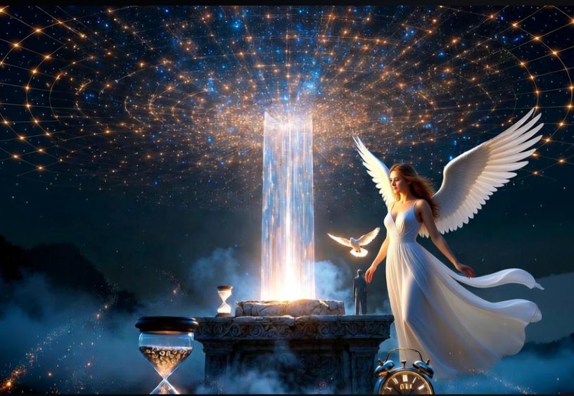 A winged angel beside a glowing altar with hourglass, dove and clock, beneath a vast web of stars