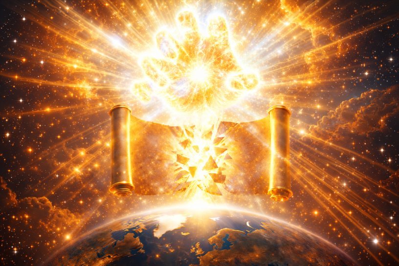 A radiant hand of fire above an open golden scroll, blazing over the Earth in a star-filled cosmos
