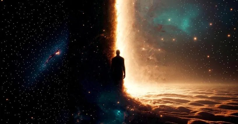 A lone figure standing at the threshold between a dark starfield and a brilliant cascade of light over golden dunes