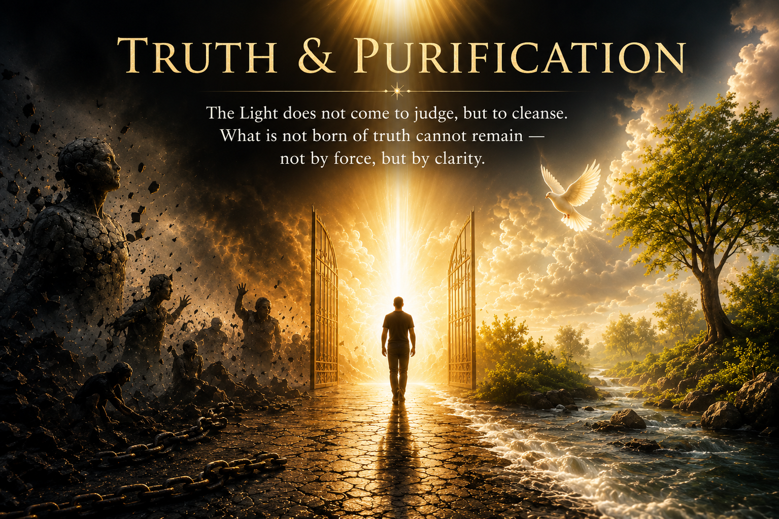A man walking through open golden gates into radiant light, with a dove flying above a river and tree — Truth and Purification