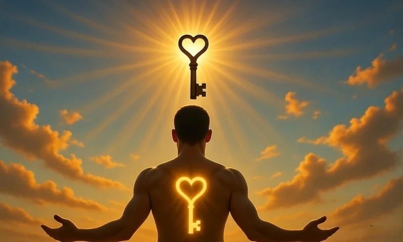 A man with outstretched arms beneath a radiant heart-shaped key in the sky, a glowing heart-key on his back