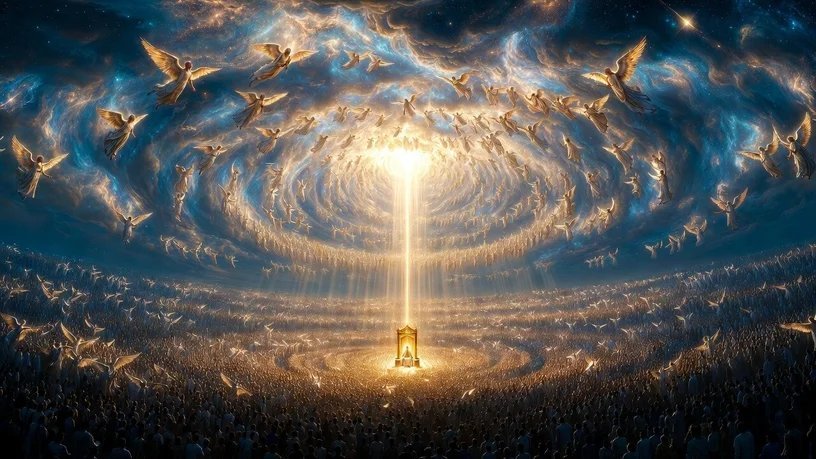 A radiant golden throne beneath a beam of light, surrounded by countless angels and a vast multitude under a starry sky
