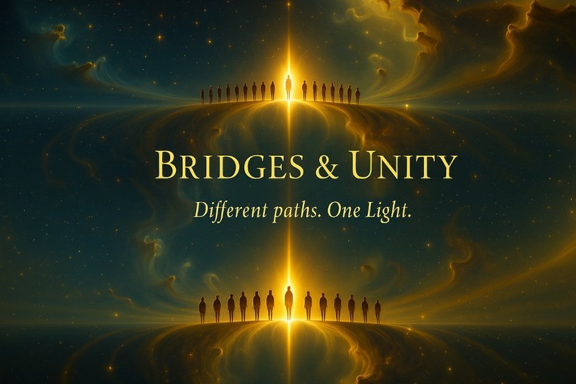 Two groups of silhouetted people gathered around radiant pillars of light beneath a starry sky