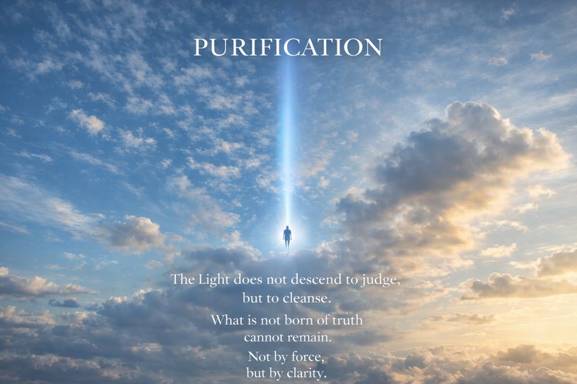 Une silhouette s'élevant dans un rayon de lumière au-dessus des nuages — Purification