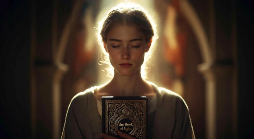 A woman holding the Book of Light, bathed in light