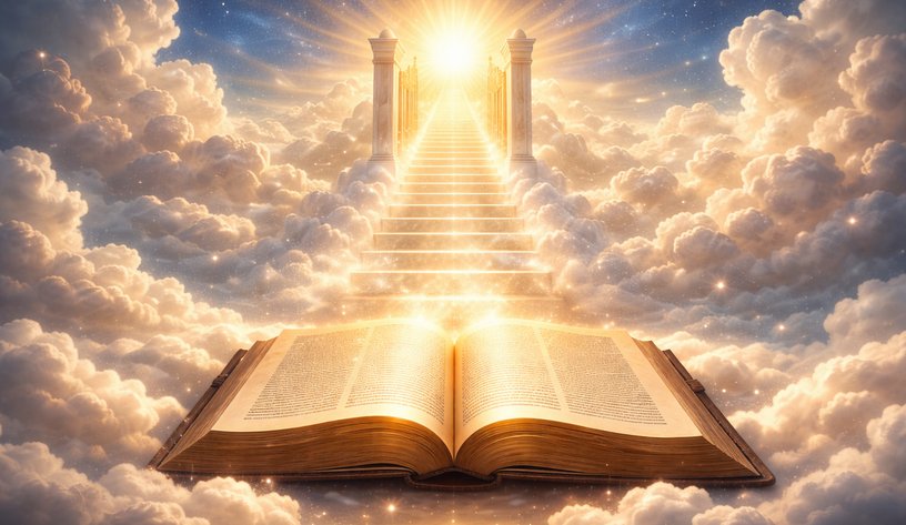 Un livre de lumière ouvert sous un escalier céleste radieux et une porte parmi les nuages