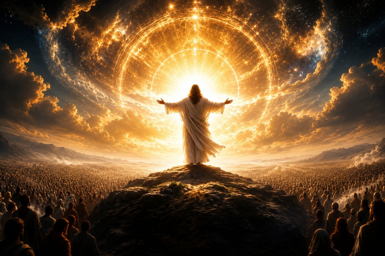 Une figure rayonnante aux bras étendus sur une colline sous un vaste cercle de lumière doré, une multitude rassemblée en contrebas — La Révélation de l’Unique