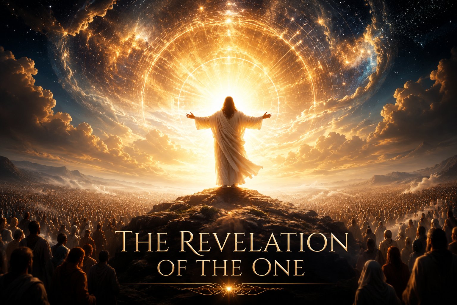 Radiant figure with outstretched arms on a hilltop beneath a vast golden circle of light, a multitude gathered below — The Revelation of the One