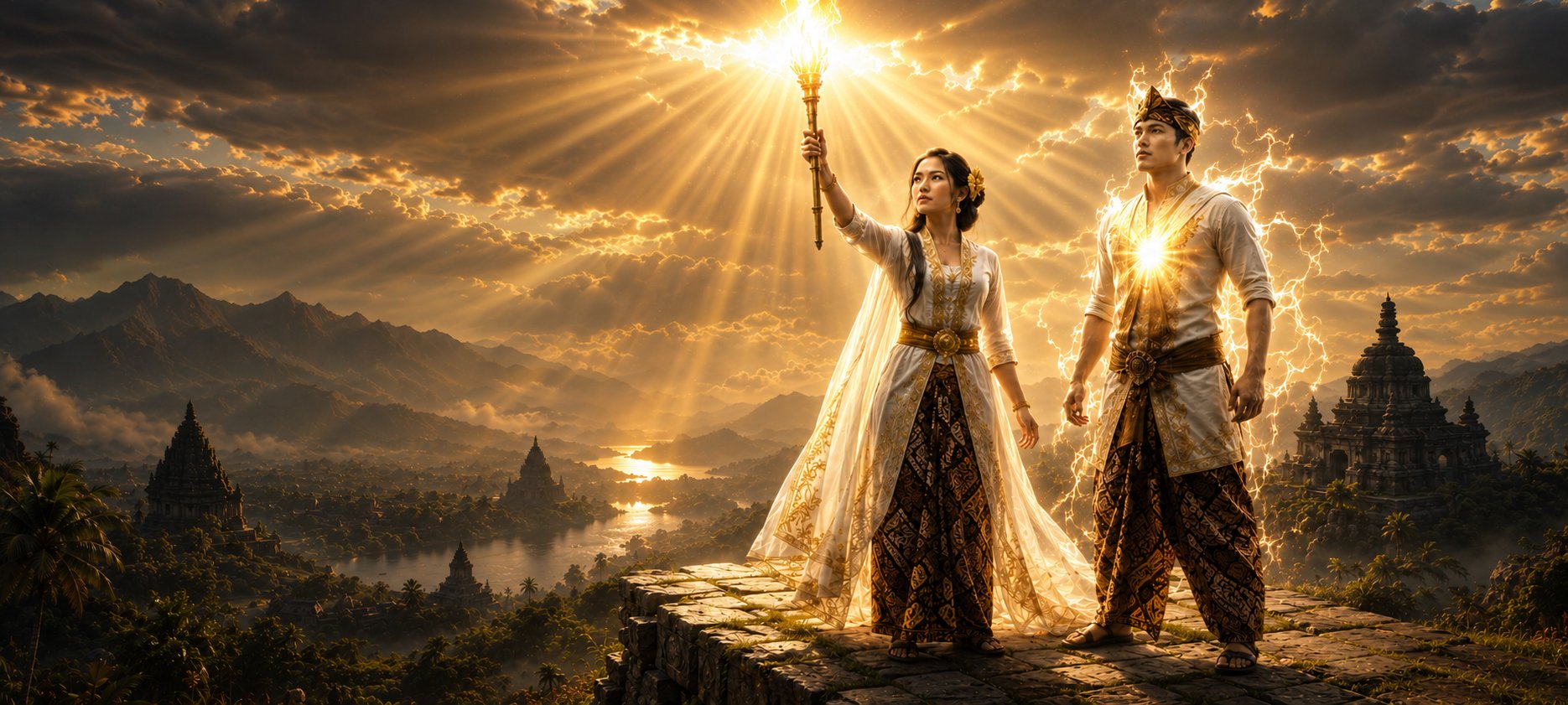 Two figures on a temple overlook, one holding a torch, both radiant with light