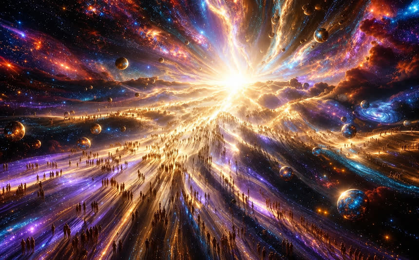 Zielen die door een uitgestrekt veld van kosmisch licht bewegen